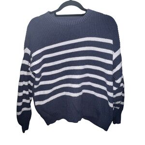 Hollister Navy and White Striped Crew Neck Sweater